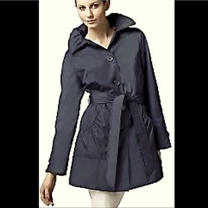 Dennis Basso Black Water Resistant Ruched Collar Raincoat / Jacket with Hood XL